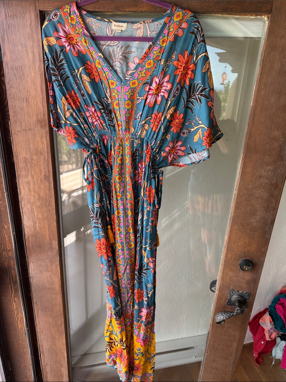 Cost Plus World Market Teal Floral Maxi Dress with Orange, Pink & Yellow